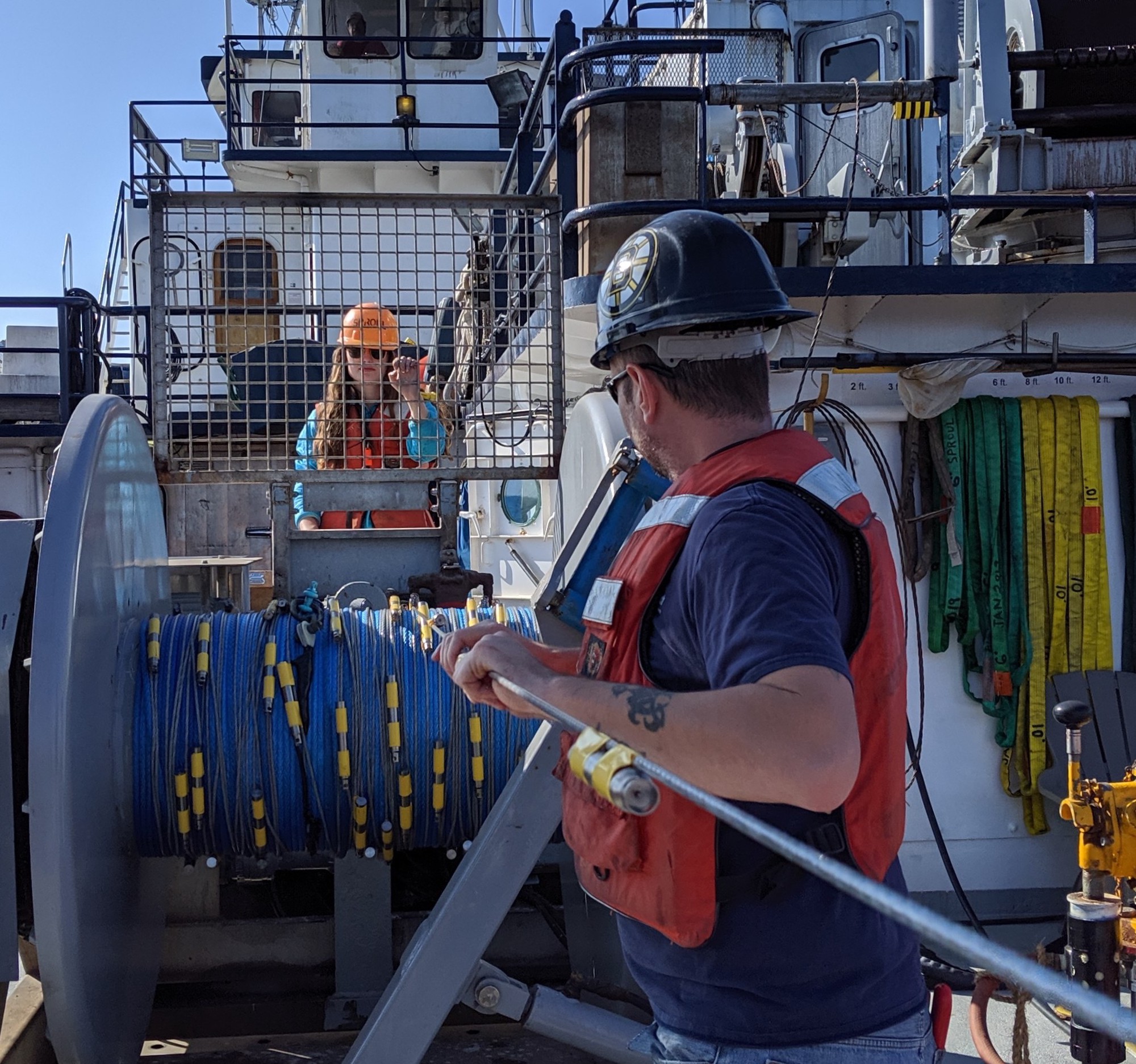 Bethan and Brian winding the thermistor chain onto the TSE winch.