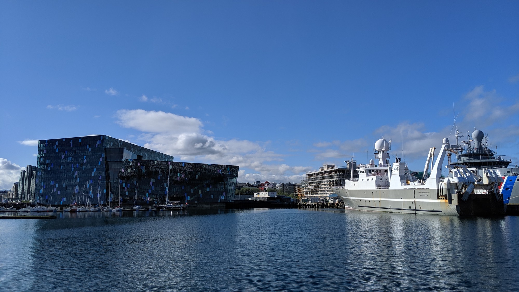 The old port of Reykjavik with the new opera and Iceland's research vessel Árni Friðriksson.