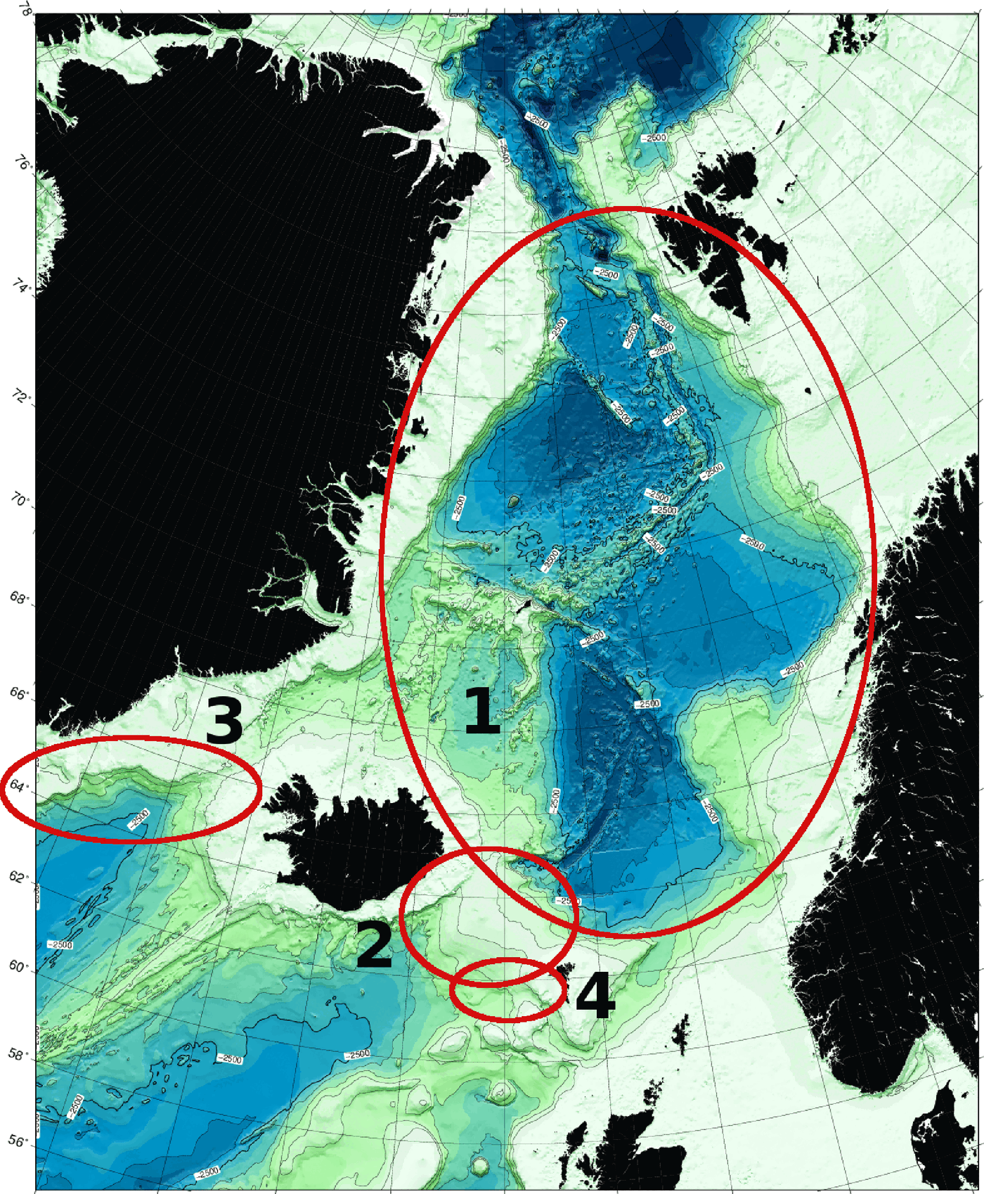 Bathymetry of the Nordic Seas and the northern North Atlantic from GEBCO. The circles mark the regions of the four studies in the thesis. 1: mid-depth circulation of the Nordic Seas from Argo float trajectories. 2: dense overflow across the Iceland-Faroe Ridge. 3: entrainment in the Denmark Strait overflow plume. 4: entrainment in the Faroe Bank Channel overflow plume.